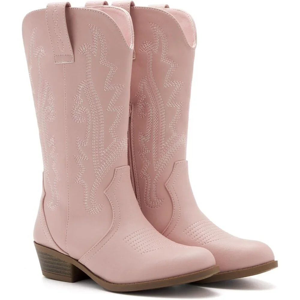 ⚡Girls Pink Kids Western Boots Embroidered Cowgirl Boots Riding Shoes Mid Calf